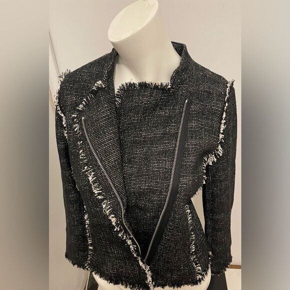 New Ann Taylor Black Tweed Fringe Asymmetrical Zip Moto Jacket Blazer - Picture 6 of 9